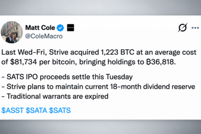 Strive Buys 1,223 Bitcoin While Preparing a $630 Million Cash Raise